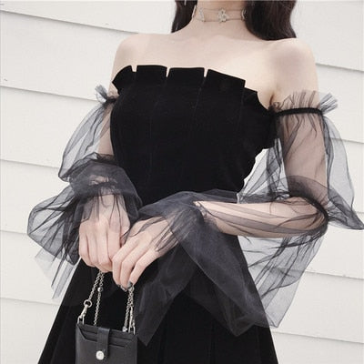 gothic off shoulder lantern mesh sleeve mini dress Women Gothic Off Shoulder Dress Lantern Sleeve Mesh Patchwork Velvet Mini Dress Black L : Amazon.co.uk: Fashion