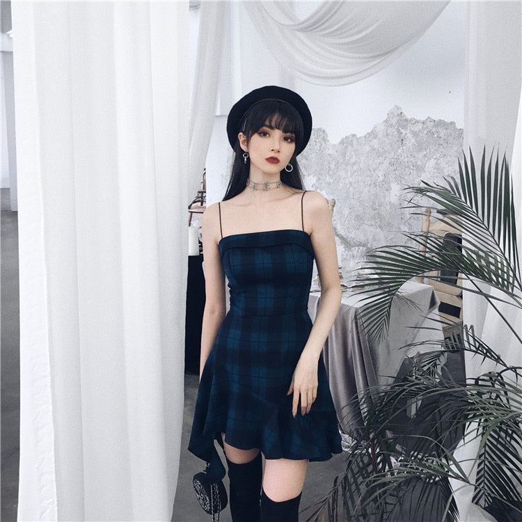 Gothic Blue Sling Strap Plaid Dress ROCK 'N DOLL Gothic Blue Sling Strap Plaid Dress ROCK 'N DOLL