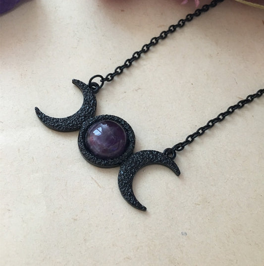 Gothic Black Triple Moon Goddess Amethyst Crystal Necklace