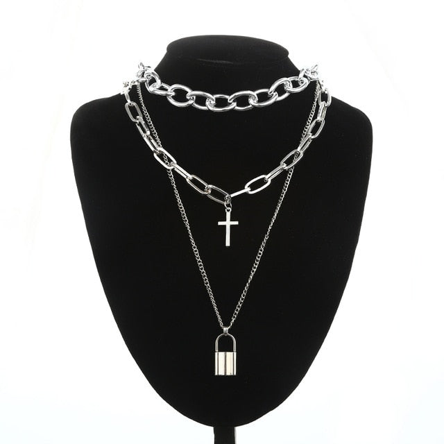 Gothic Layered Chain Cross and Padlock Necklace