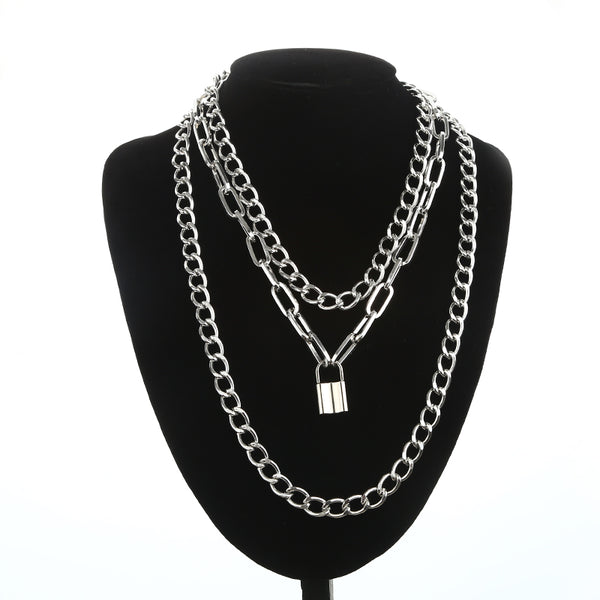 Gothic Grunge Layered Chain Padlock Necklace