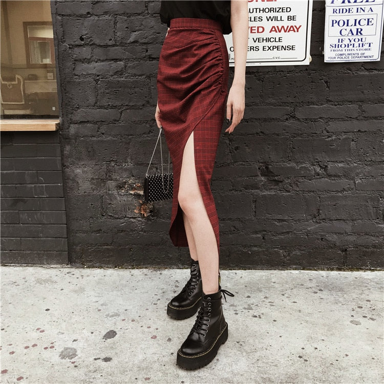 Gothic Grunge Plaid Asymmetrical Long Skirt