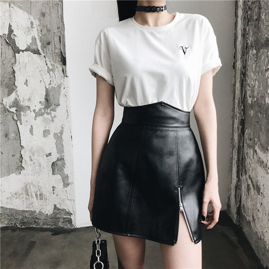 Gothic PU Leather High Waist Zipper Mini Skirt