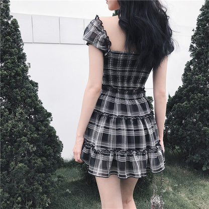 Gothic Grunge Off Shoulder Plaid Top and Skirt Two Piece Set