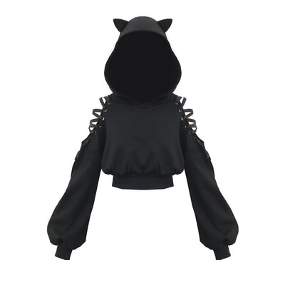 Gothic Hollow Out Lace Up Sleeves Cat Ears Hoodie Top (available in S to 3XL)