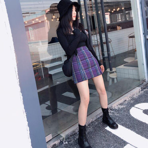 Gothic Grunge Plaid High Waist Mini Skirt (Available in Plus Size)