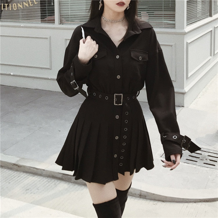 Gothic Classic Collar Grommet Belted Dress