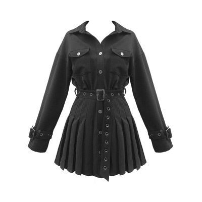 Gothic Classic Collar Grommet Belted Dress