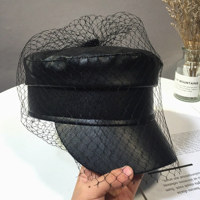 Gothic Faux Leather Newsboy Hat with Veil Mesh