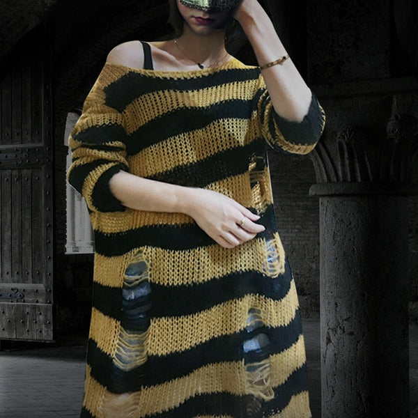 Gothic Ripped Striped Knitted Sweater Top (Available in 11 colors)