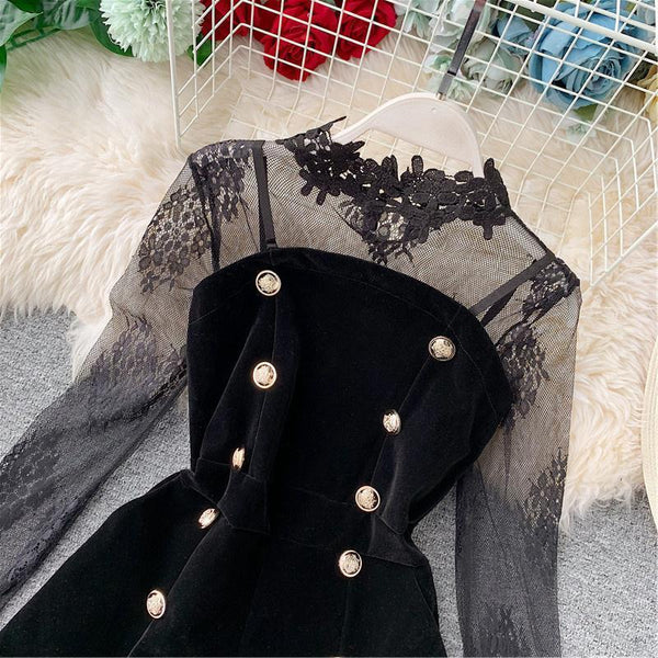 Gothic Lace Mesh Inner Velvet Button Romper Jumpsuit