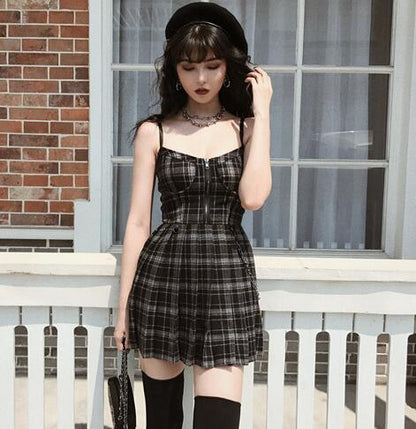Gothic Gray Black Plaid Sling Strap Pleated  Mini Dress