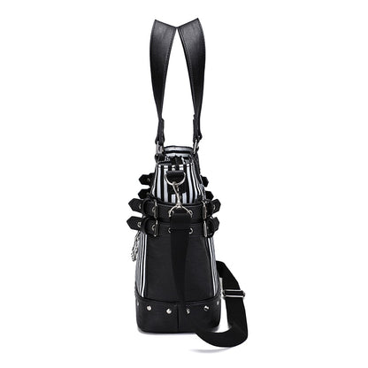 Gothic Black and White Stripes Studded Chain Zipper Tote Shoulder Bag