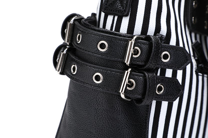 Gothic Black and White Stripes Studded Chain Zipper Tote Shoulder Bag