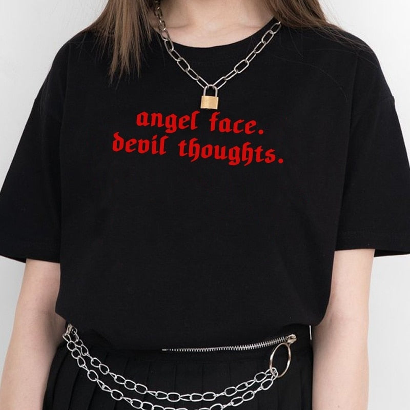 Gothic ANGEL FACE DEVIL THOUGHTS T-Shirt (Available in black, pink and white)