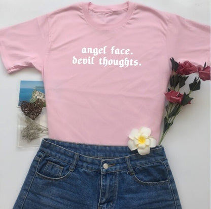 Gothic ANGEL FACE DEVIL THOUGHTS T-Shirt (Available in black, pink and white)