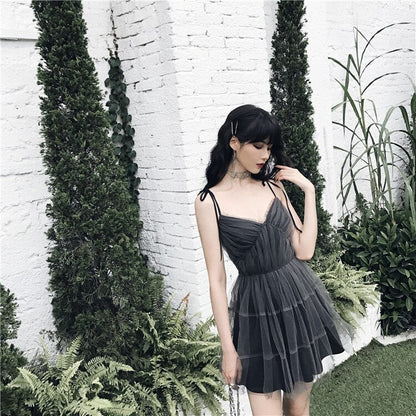 Gothic Gray Mesh Spaghetti Strap Mini Dress