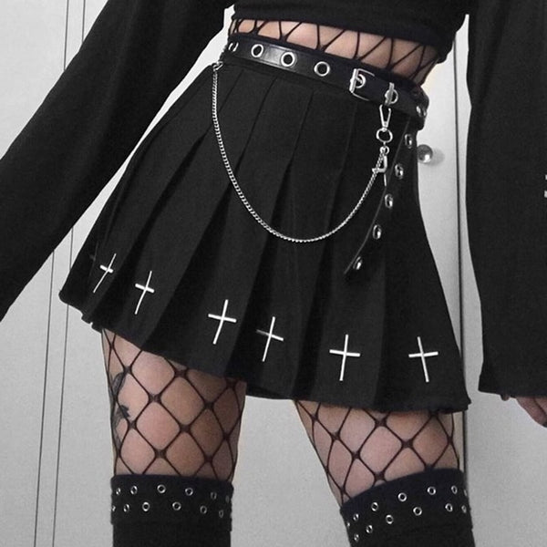 Gothic Grunge Cross Print Pleated Mini Skirt