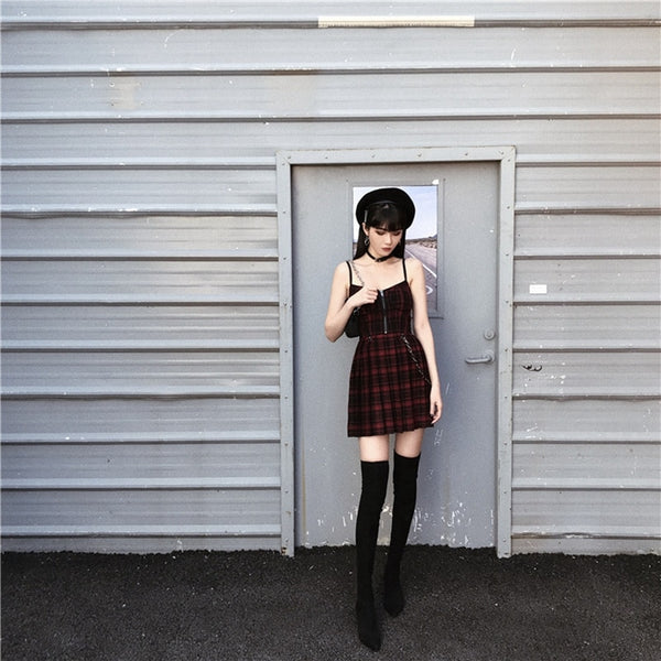 Gothic Grunge Spaghetti Strap Plaid Mini Dress (Available in 2 colors)