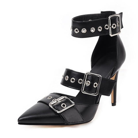 Gothic Pointed Toe Buckle Rivets Stiletto Pumps Heels
