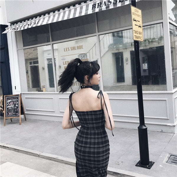 Gothic Sling Strap Plaid Slit Dress