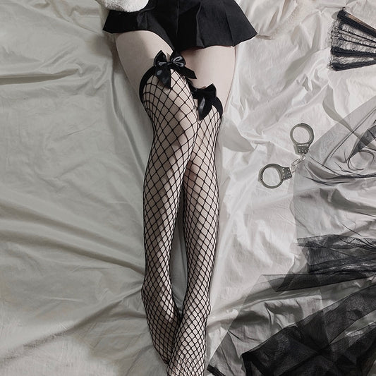 Gothic Bow Over The Knee Fishnet Stockings