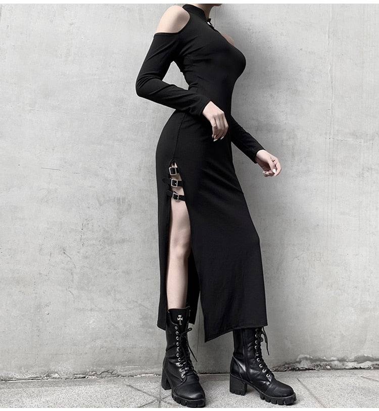 Gothic Cold Shoulder Cheongsam High Slit Long Dress