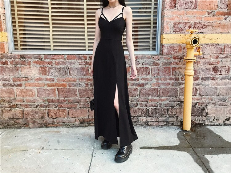 Gothic V-Neck Strap Slit Dress