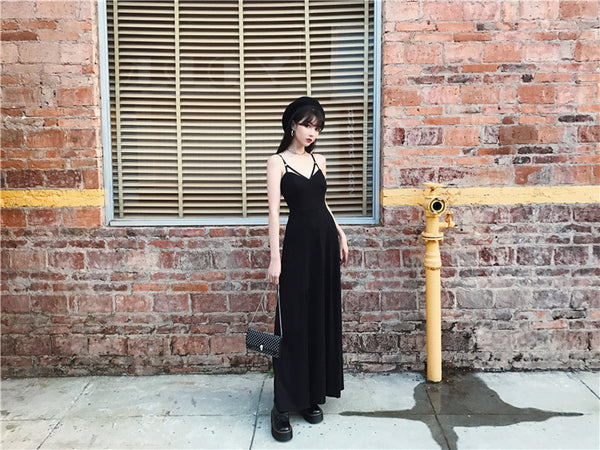 Gothic V-Neck Strap Slit Dress