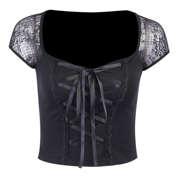 Gothic Lace Sleeves Lace Up Front Top