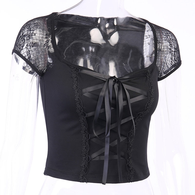 Gothic Lace Sleeves Lace Up Front Top