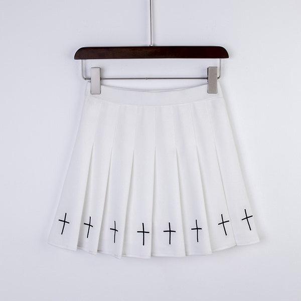 Gothic Grunge Cross Print Pleated Mini Skirt