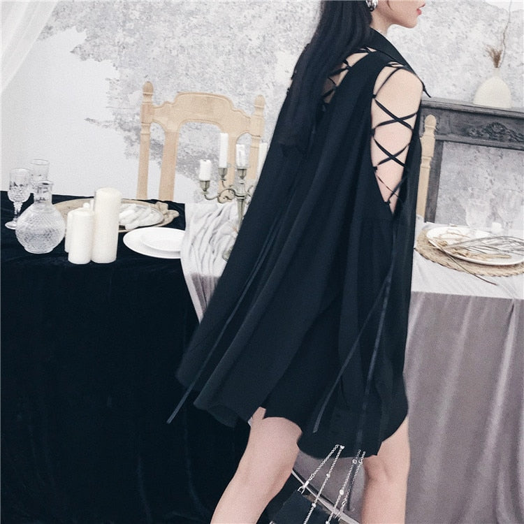 Gothic Lace Up Cold Shoulder Long Sleeve Collared Top