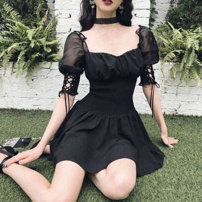 Gothic Lace Up Puff Sleeves Mini Dress