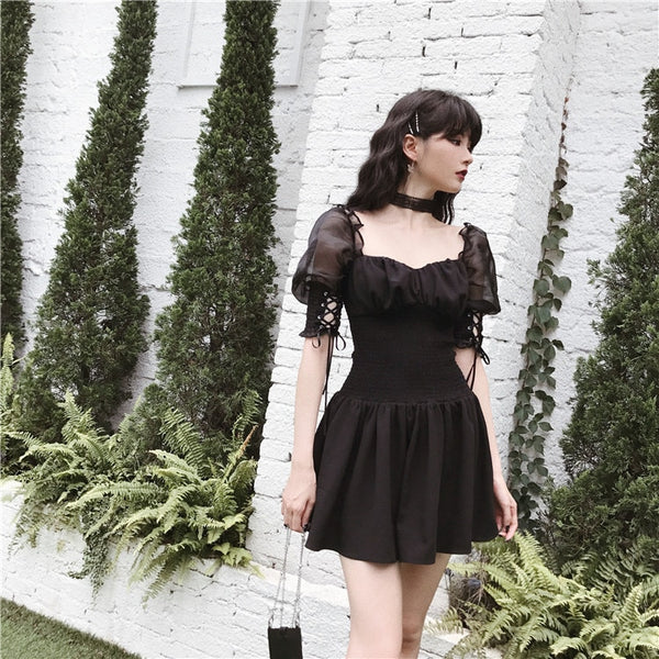 Gothic Lace Up Puff Sleeves Mini Dress