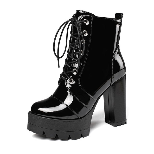 Gothic Patent Leather Lace Up Zipper Heeled Boots