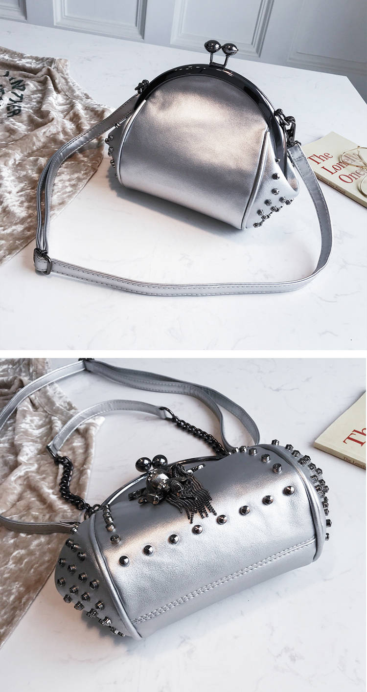 Gothic Rivet Bear Fringe Kiss Lock Chain Crossbody Bag (Available in 5 colors)