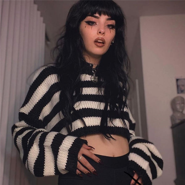 Gothic Grunge Striped Long Sleeve Knitted Sweater Crop Top