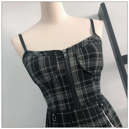 Gothic Grunge Spaghetti Strap Plaid Mini Dress (Available in 2 colors)