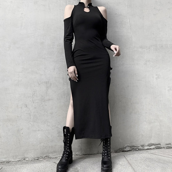 Gothic Cold Shoulder Cheongsam High Slit Long Dress