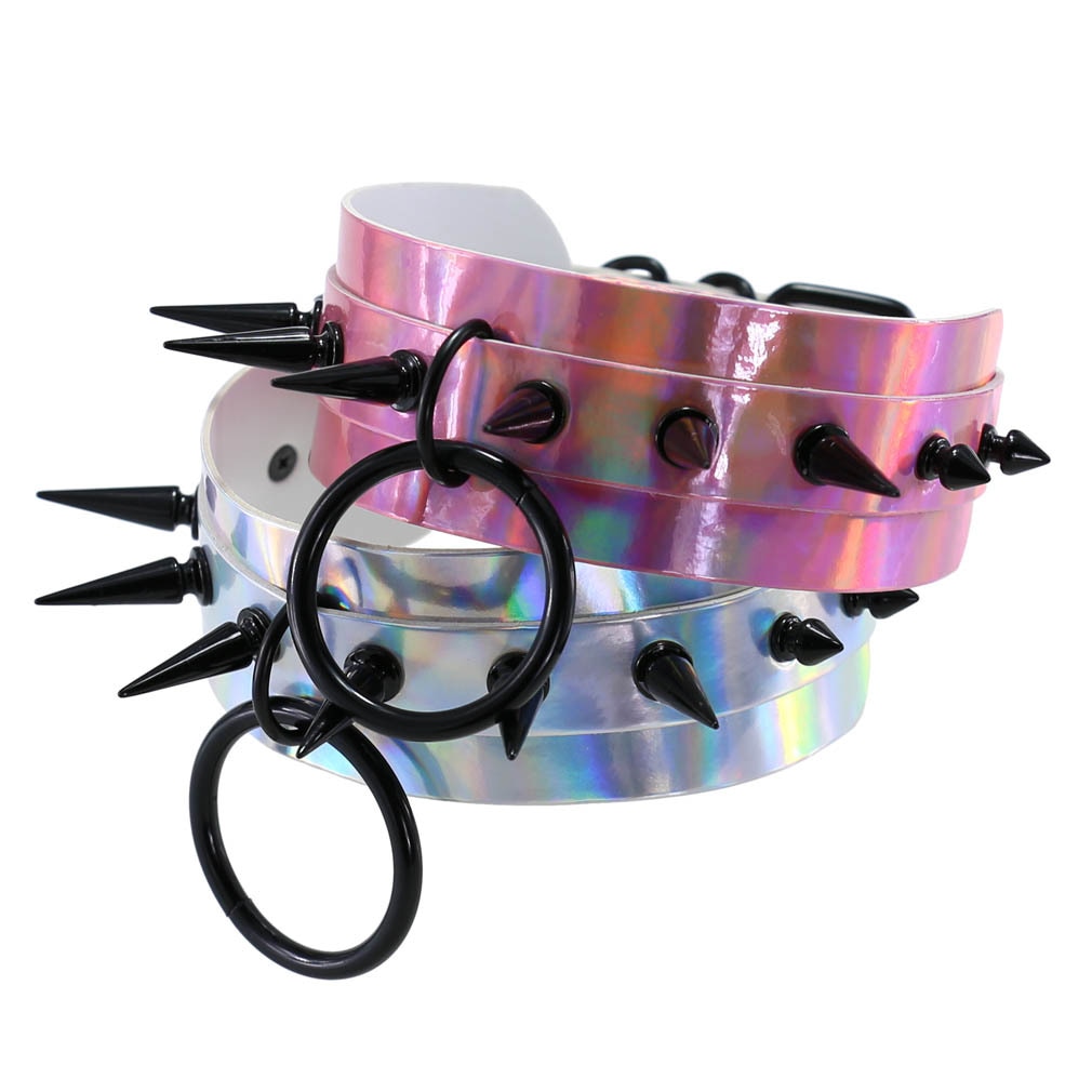 Gothic Punk Holographic Black Rivets Collar Choker Necklace (Available in 4 colors)