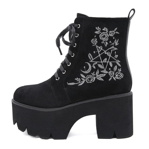 Gothic Pentagram and Rose Lace Up Platform Boots