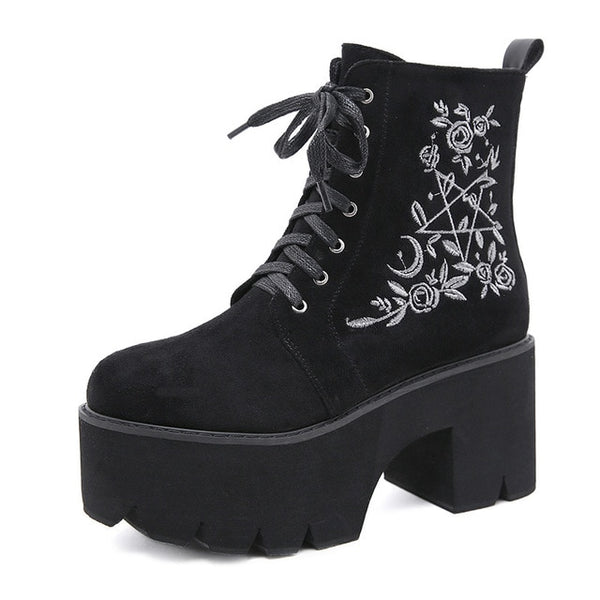 Gothic Pentagram and Rose Lace Up Platform Boots