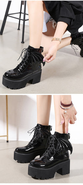 Gothic Wings Patent Lace Up Platform Boots