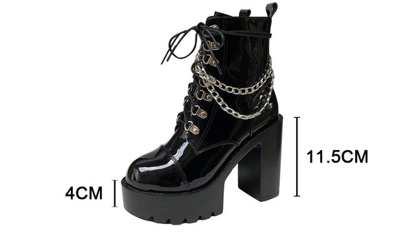Gothic Patent Leather Lace Up Double Chain Platform Boots