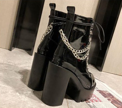 Gothic Patent Leather Lace Up Double Chain Platform Boots