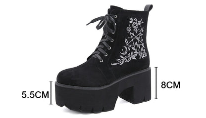 Gothic Pentagram and Rose Lace Up Platform Boots