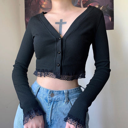Gothic Lace V-Neck Cardigan Crop Top (available in 2 colors)