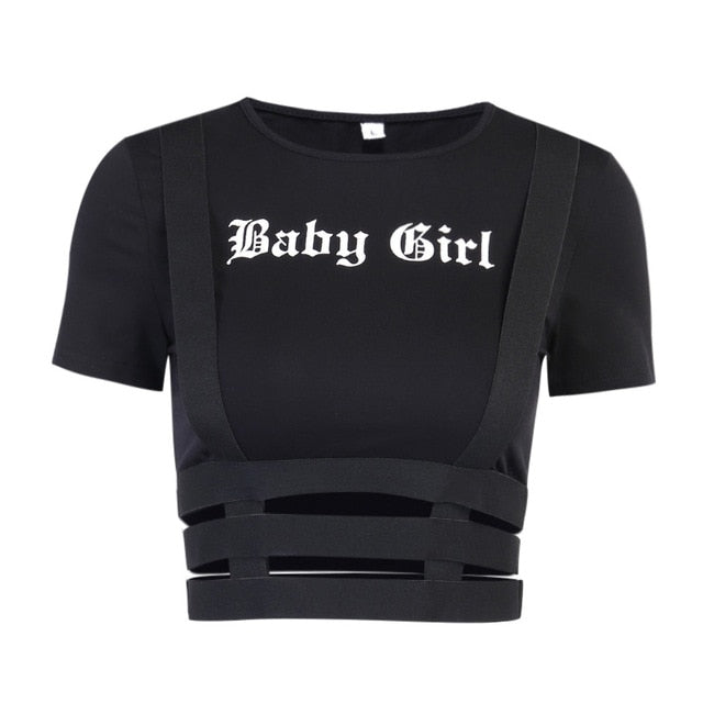 Gothic BABY GIRL Hollow Out Waist Straps Crop Top
