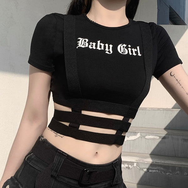 Gothic BABY GIRL Hollow Out Waist Straps Crop Top